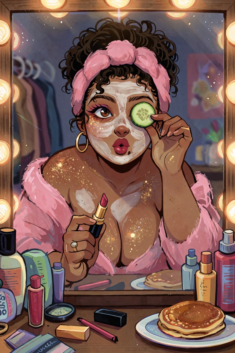 Close-up. A plump young woman with tan skin and dark curls squashed under a fluffy pink headband sits at a cluttered vanit...