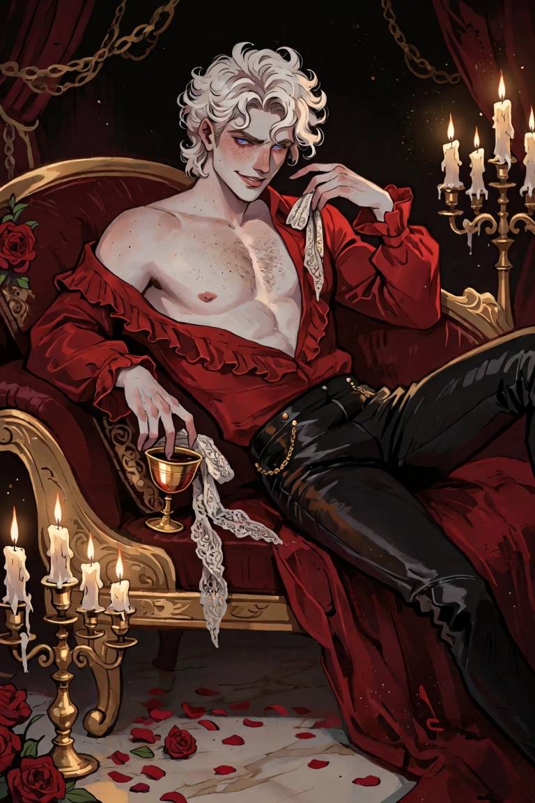 A waist-up shot of a young man with milk-pale skin and a wild mane of white-blond curls tumbling over one eye,  fangs peek...