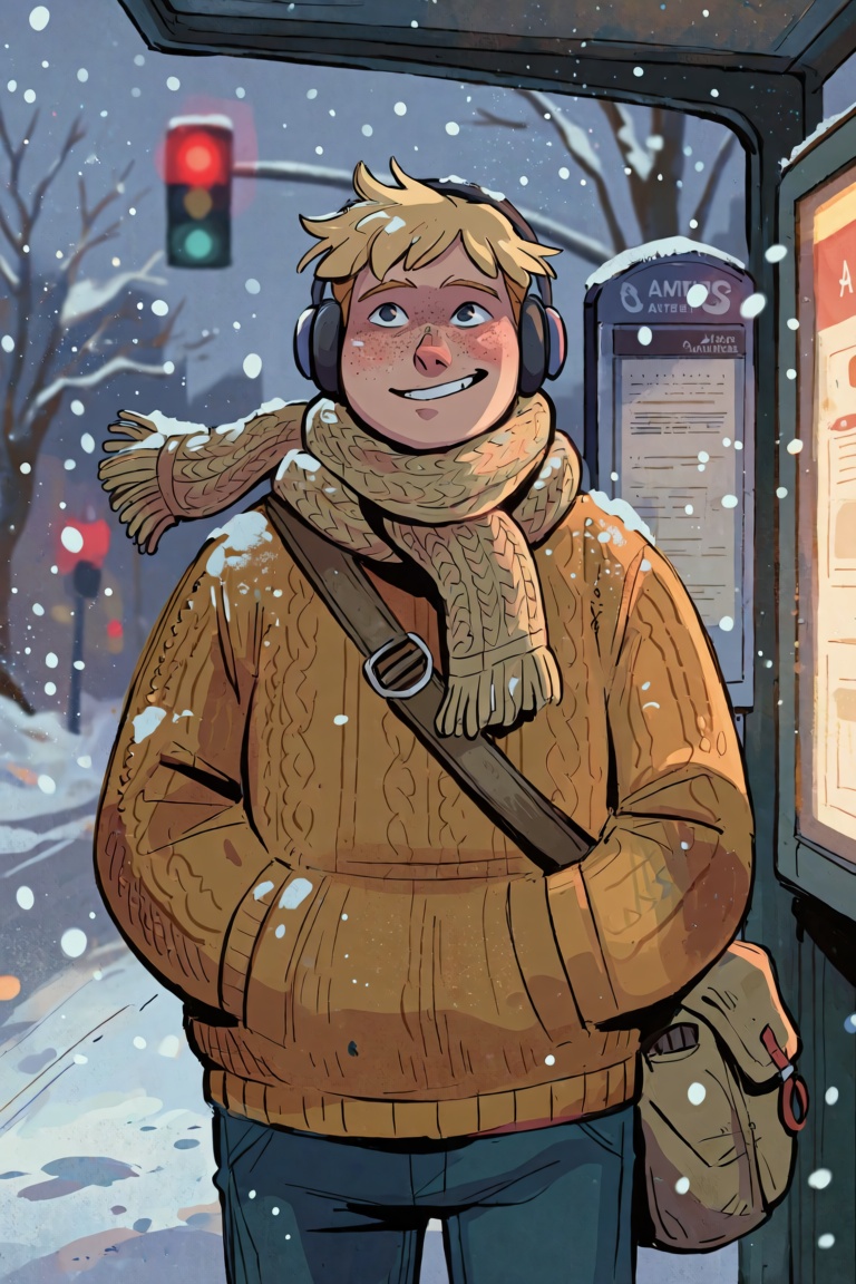 Waist-up. A chubby young man with pale skin,  freckles across his round cheeks,  and soft blond hair stands at a bus stop...
