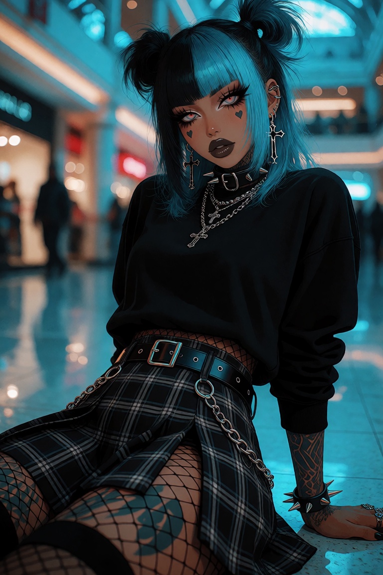 A black woman with tufts of cyan hair and fishnets,  wearing a black and light gray plaid miniskirt,  sits on the floor. T...