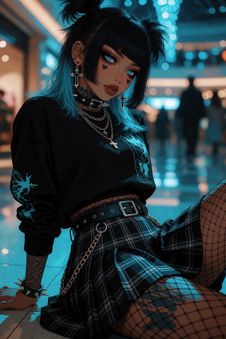 A black woman with tufts of cyan hair and fishnets,  wearing a black and light gray plaid miniskirt,  sits on the floor. T...
