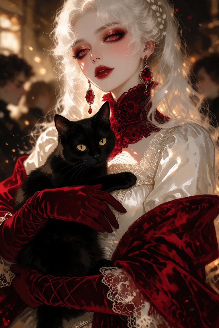 a close-up shot captures a woman in a white dress adorned with a red scarf and red earrings. Her blonde hair cascades over...