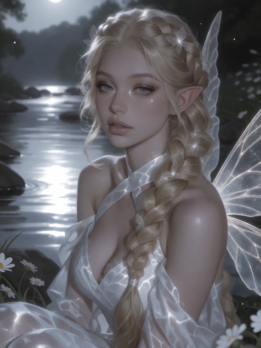 This is a highly detailed image of a gorgeous fairy woman with long blond braided hair,  glowing softly under silvery moon...
