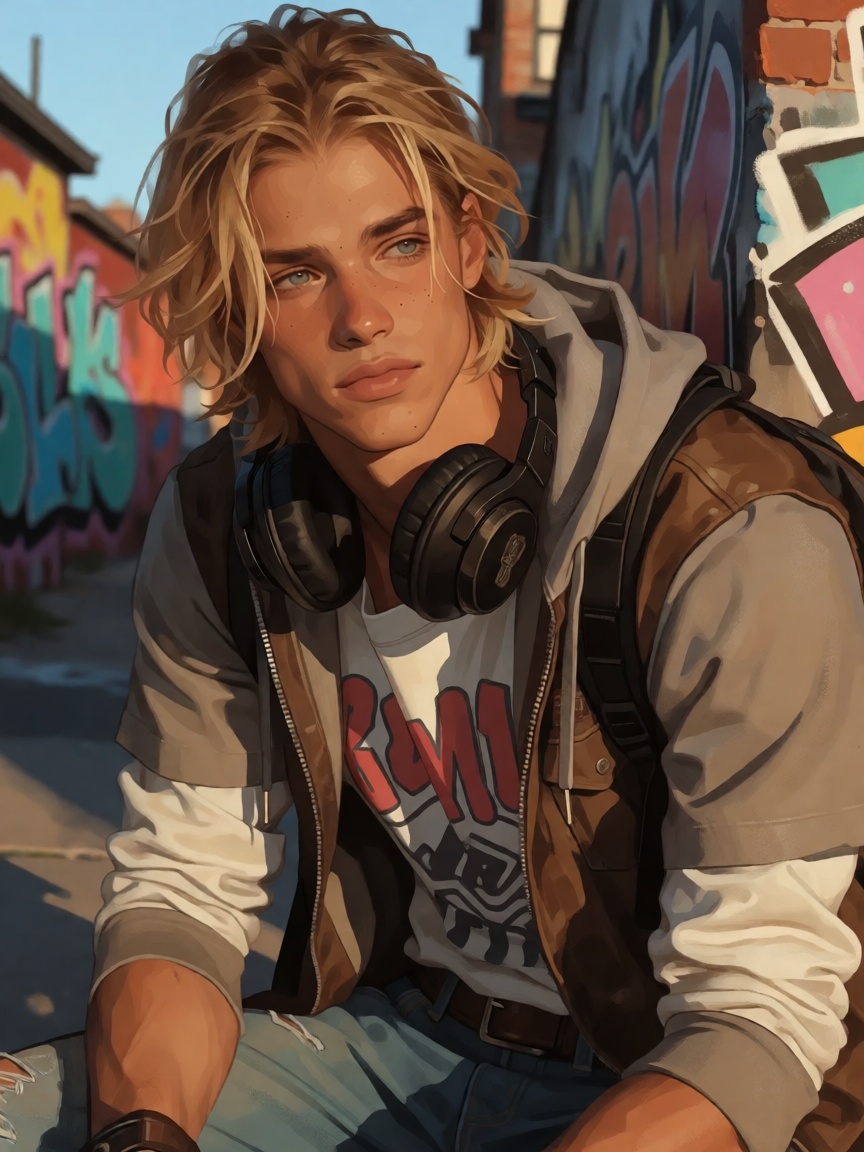 A young male with medium-length blonde hair and blue eyes,  looking away with defined facial features,  detailed strands o...