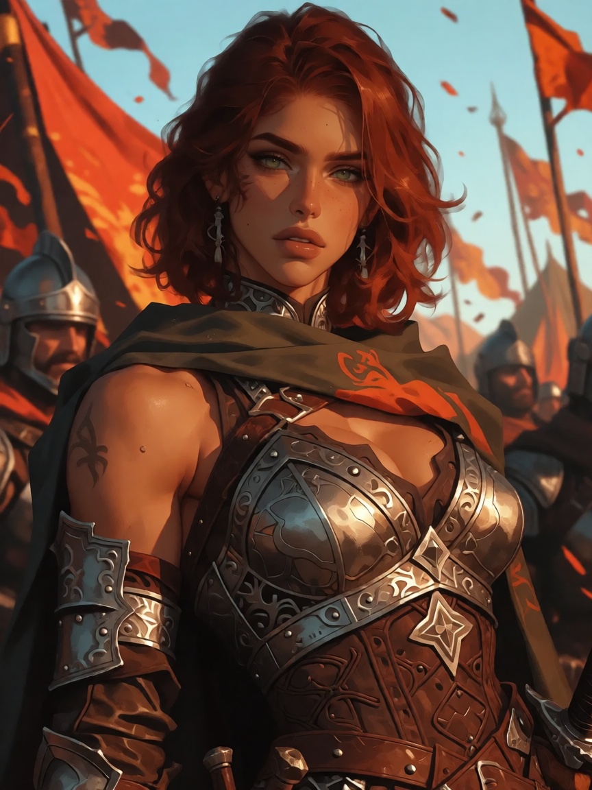Create a medium portrait of a tall,  well-built warrior woman in her late twenties,  with medium-length auburn hair and st...