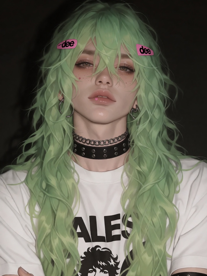 Create an image that captures a person with long,  wavy,  light green hair. They are wearing a white t-shirt adorned with...