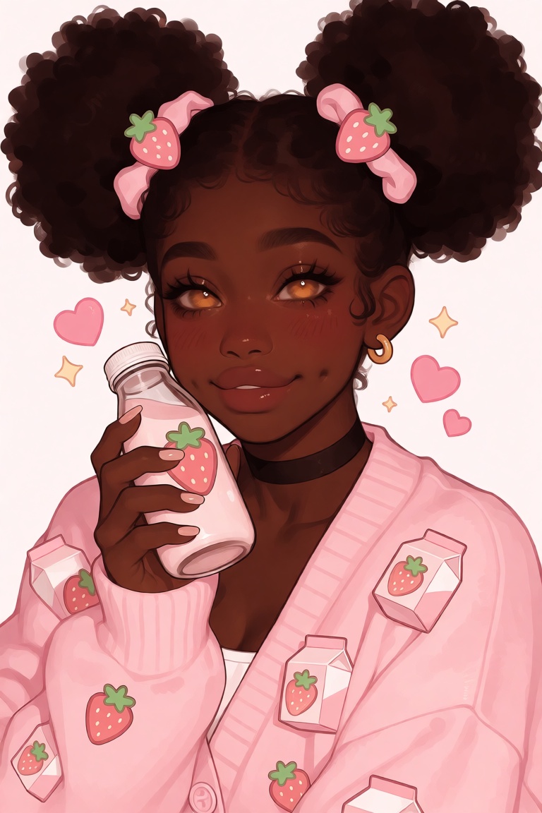 illustration of a young Black woman with deep brown skin and rosy blushing cheeks,  voluminous afro puffs tied with pink s...