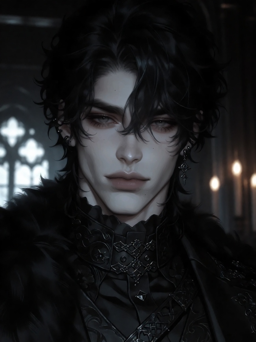 Create a half-body portrait of a pretty boy in a dark gothic setting,  emphasizing his pale elegant beauty and delicate ma...