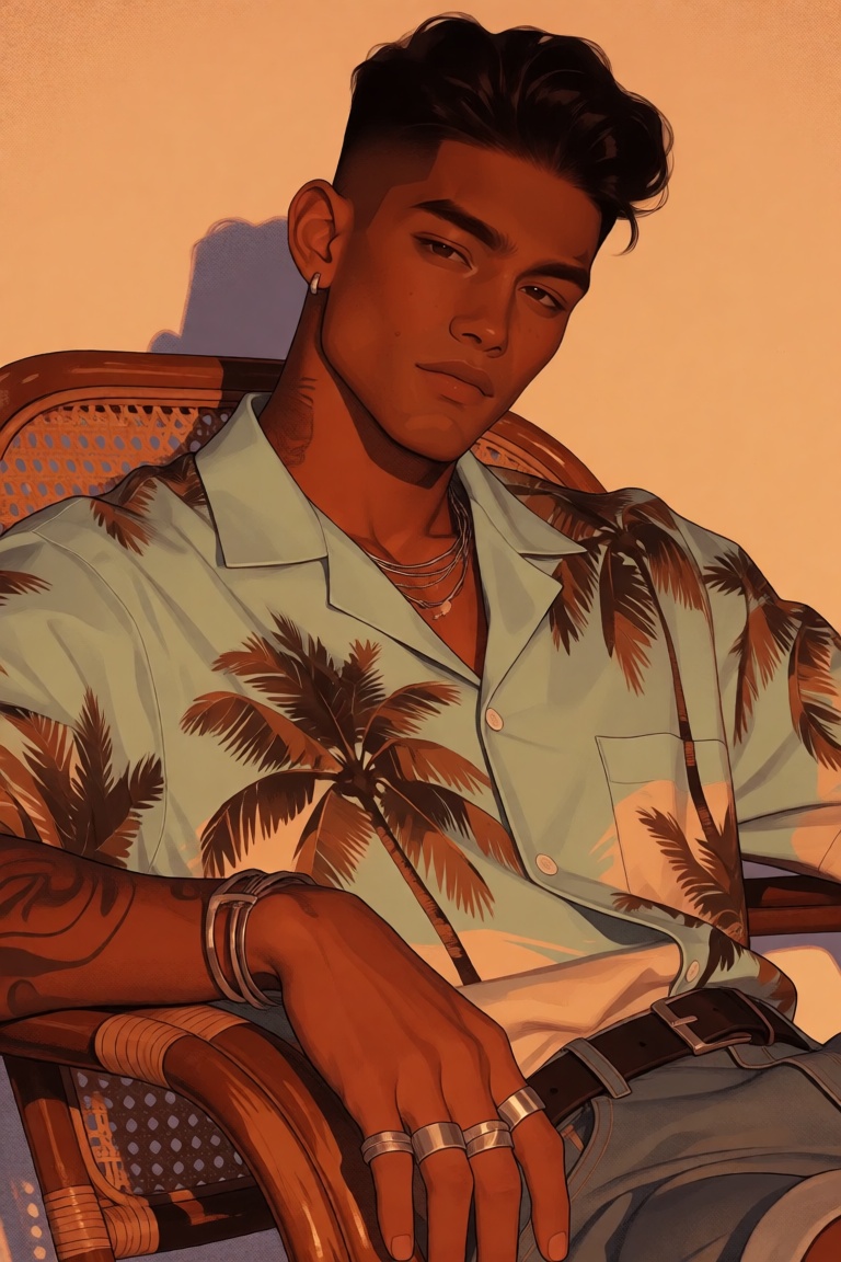 stylized editorial illustration of a Filipino man with warm caramel-brown skin,  a sharp undercut with a glossy black quif...