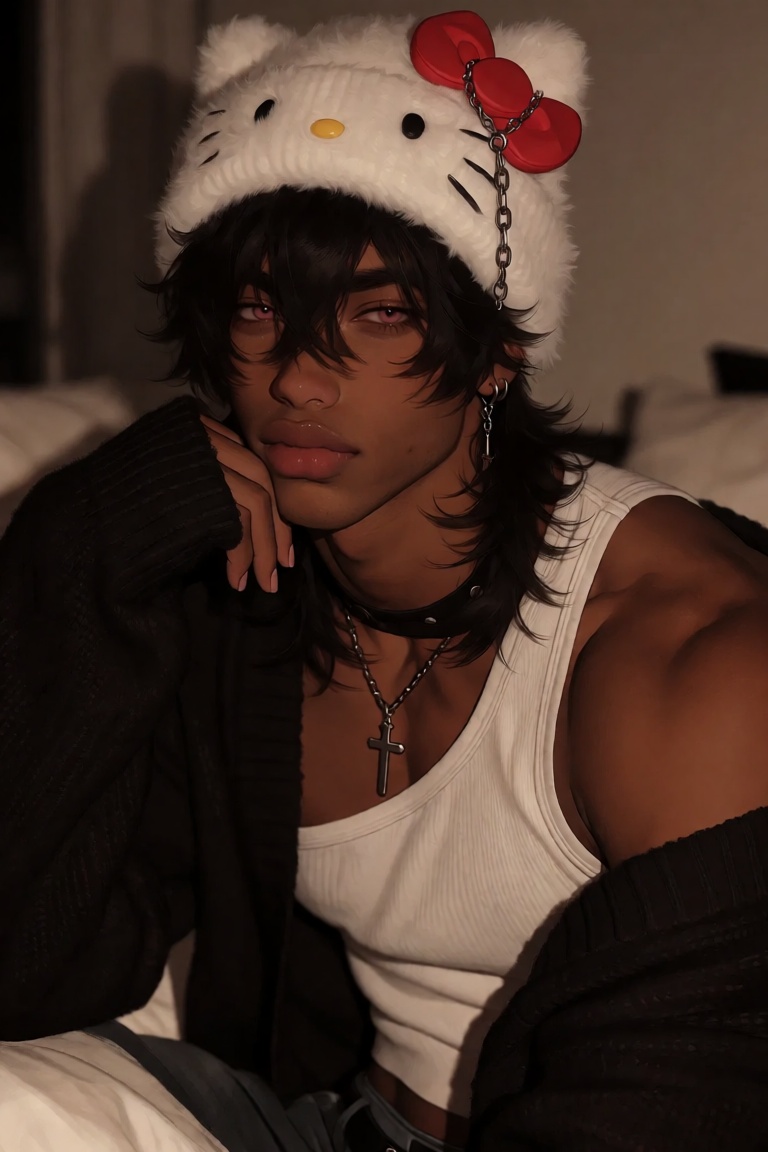 high-detail portrait of a black-asian male with a muscular body and cool-toned dark brown skin,  pink eyes,  and black hai...