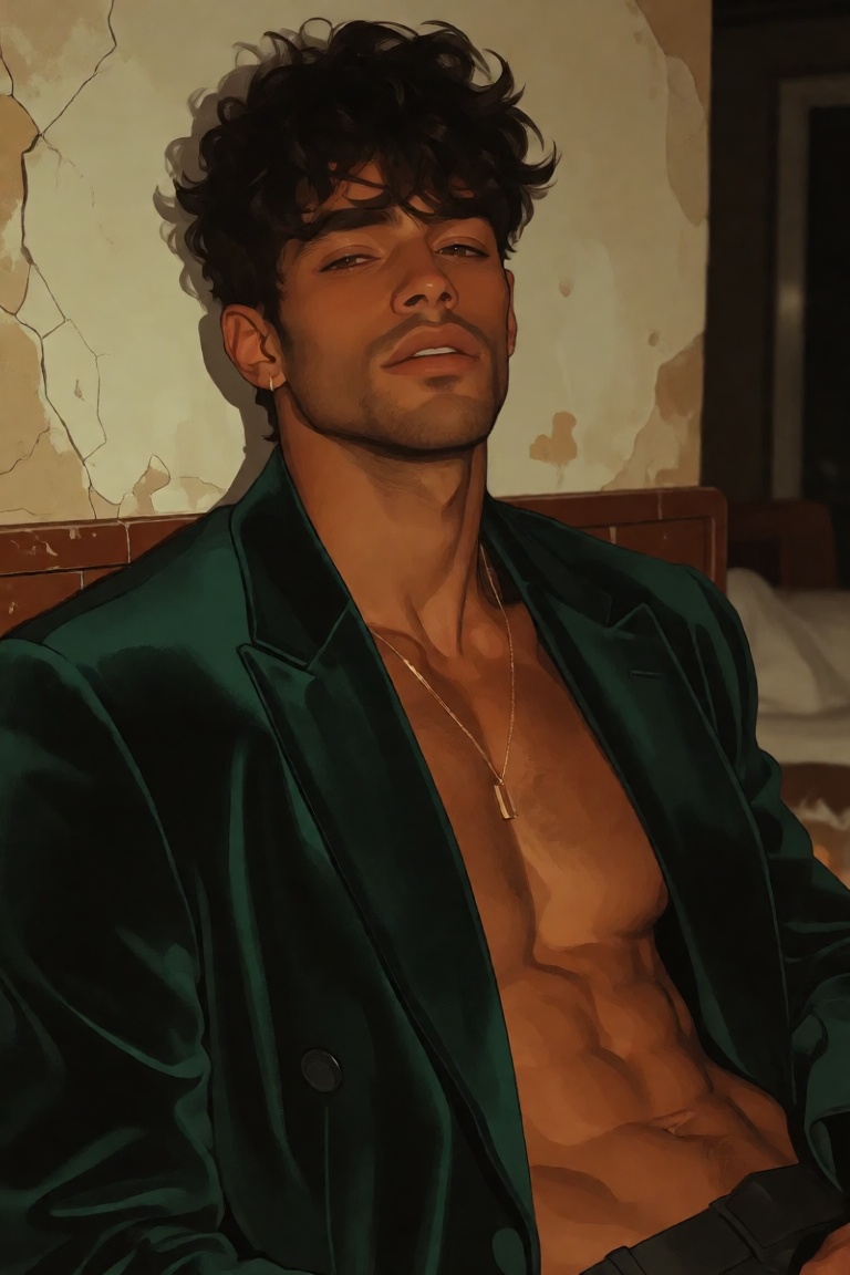 stylized editorial illustration of a Latino man with golden-tan skin,  tousled dark wavy hair,  light stubble on Tensor.Art