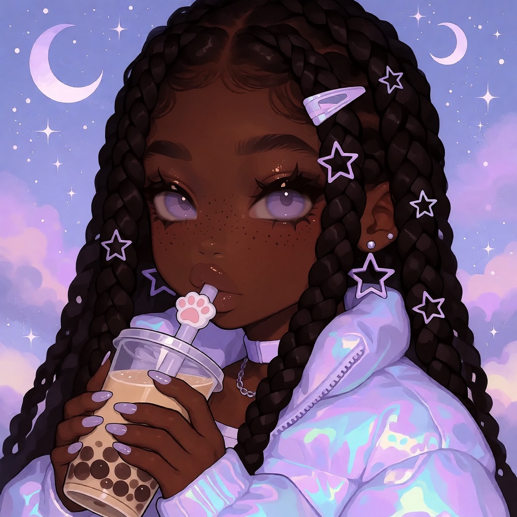 illustration of a young Black woman with rich espresso skin,  long glossy box braids with lavender and silver star clips,...