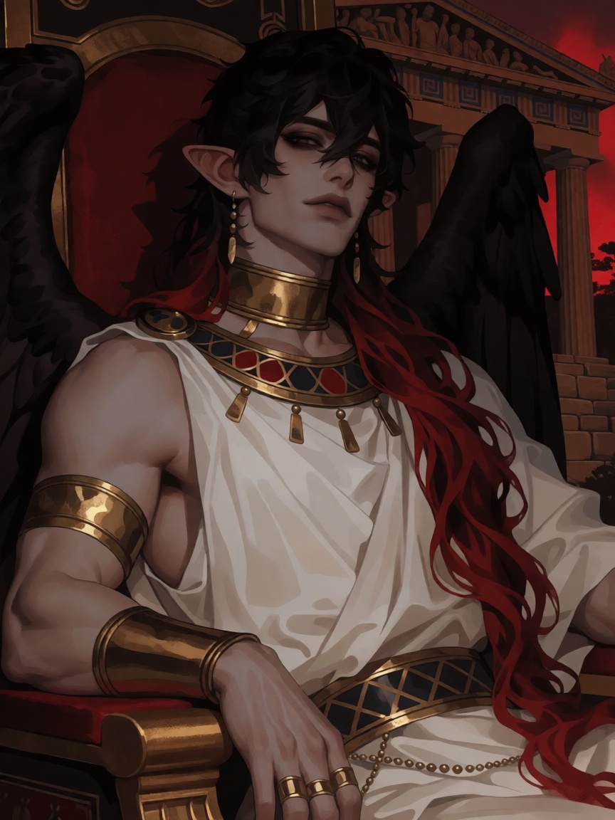 Create a scene where a mature male,  focusing on his crossdressing appearance,  stands calmly in an ancient Greek temple b...