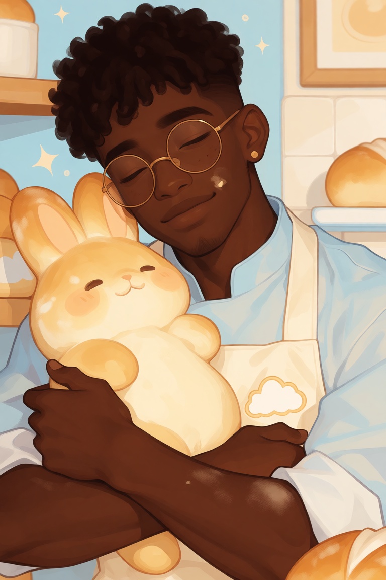illustration of a young Black man with warm dark brown skin and a gentle sleepy smile,  soft tapered curls with a tiny flo...
