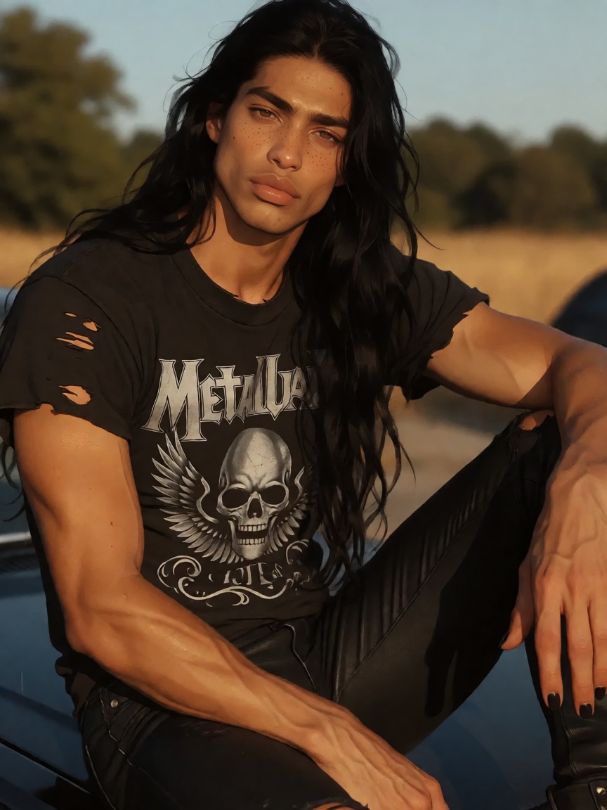 a gorgeous male,  with long black hair. he's a metalhead. wears a worn black metal band t-shirt from the 80s. his pants ar...