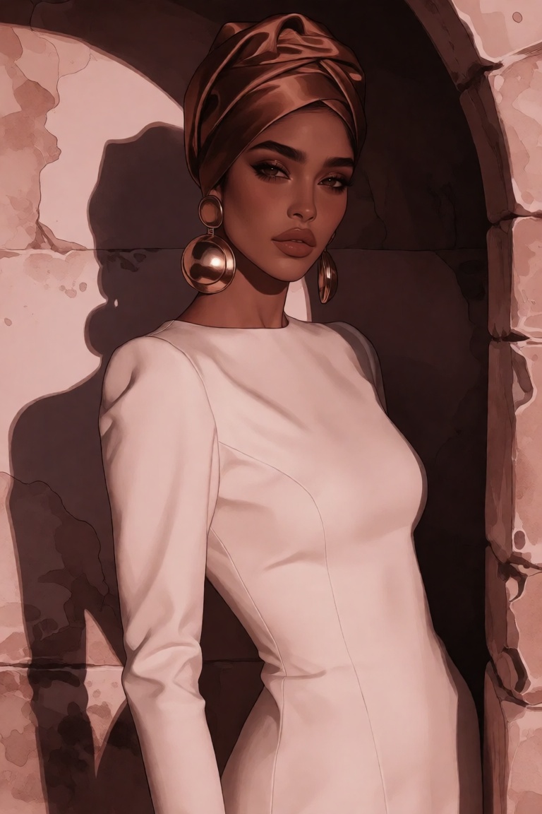stylized editorial fashion illustration of an Arab woman with olive-brown skin,  strong arched brows,  kohl-rimmed eyes on...