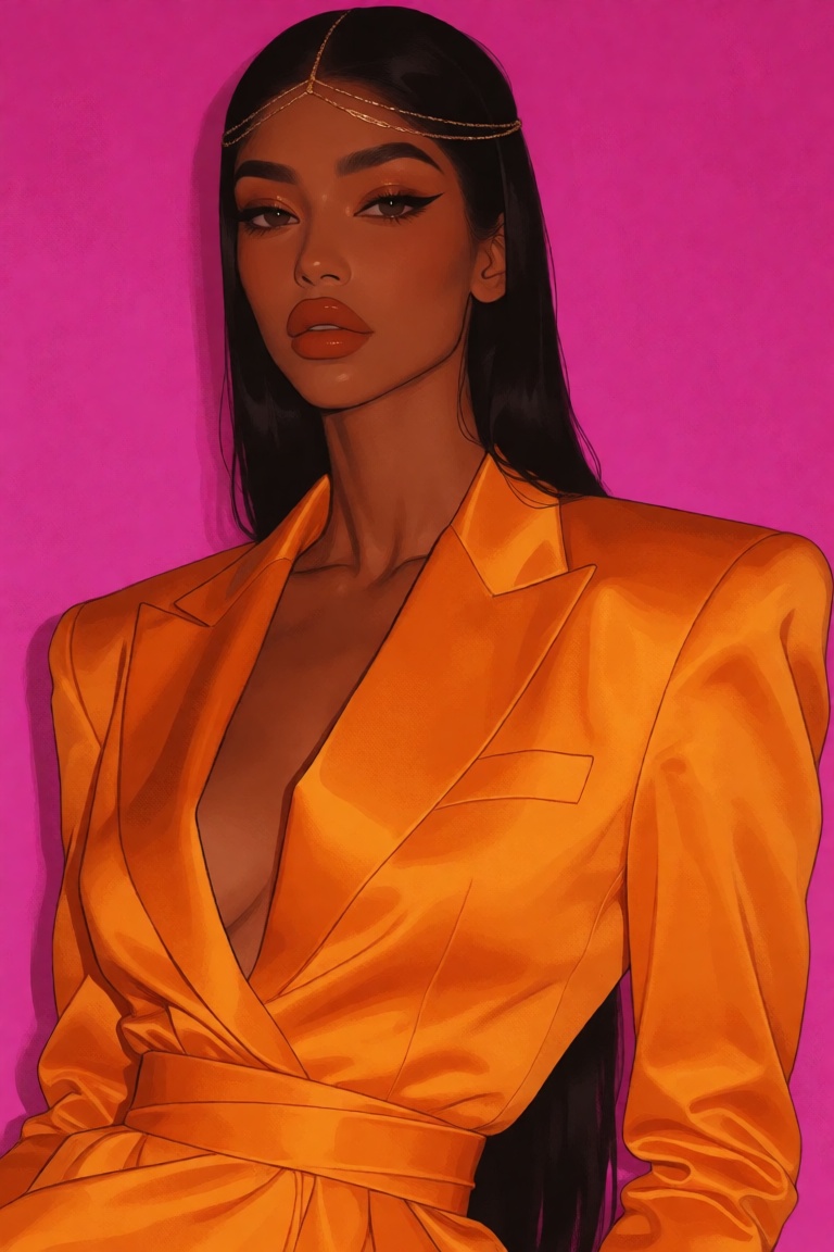 stylized editorial fashion illustration of a South Asian woman with warm brown skin,  sleek waist-length black hair with a...