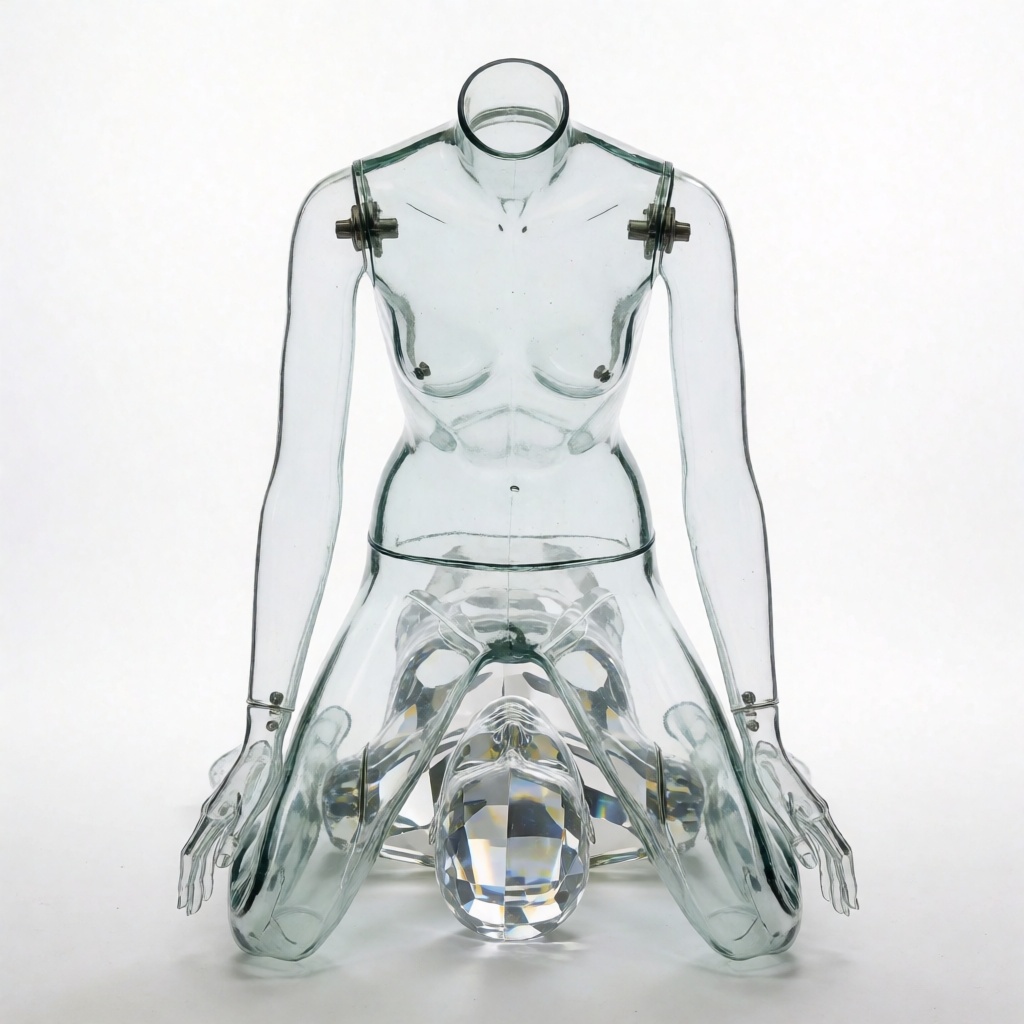 a headless glass mannequin is kneeling over a armless crystal mannequin,  the crystal mannequin face between the glass man...