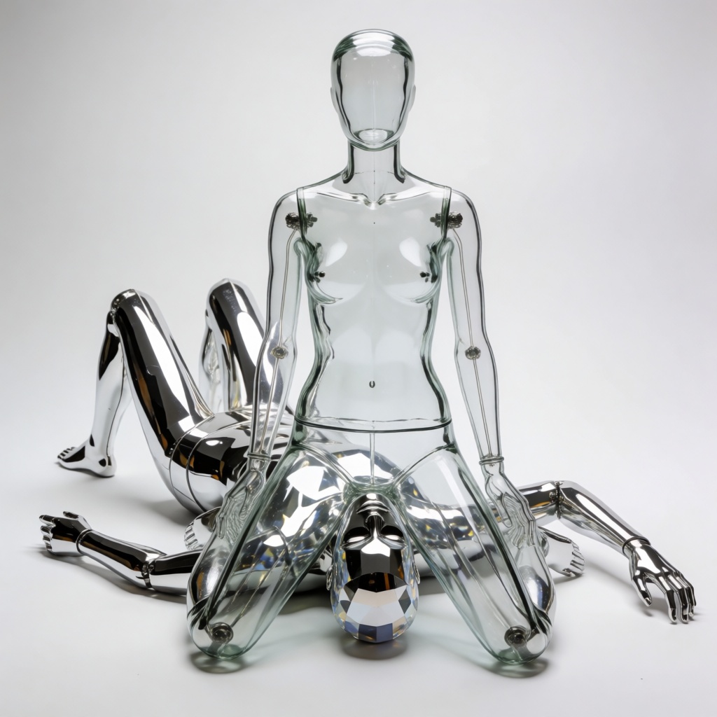 a glass mannequin is sitting over a diamond mannequin's neck,  the diamond mannequin is lying on it back under the glass m...