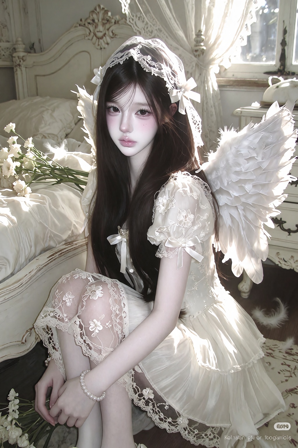 character: young woman with long dark hair and straight bangs,  soft natural texture outfit: ),  layered chiffon skirt on...