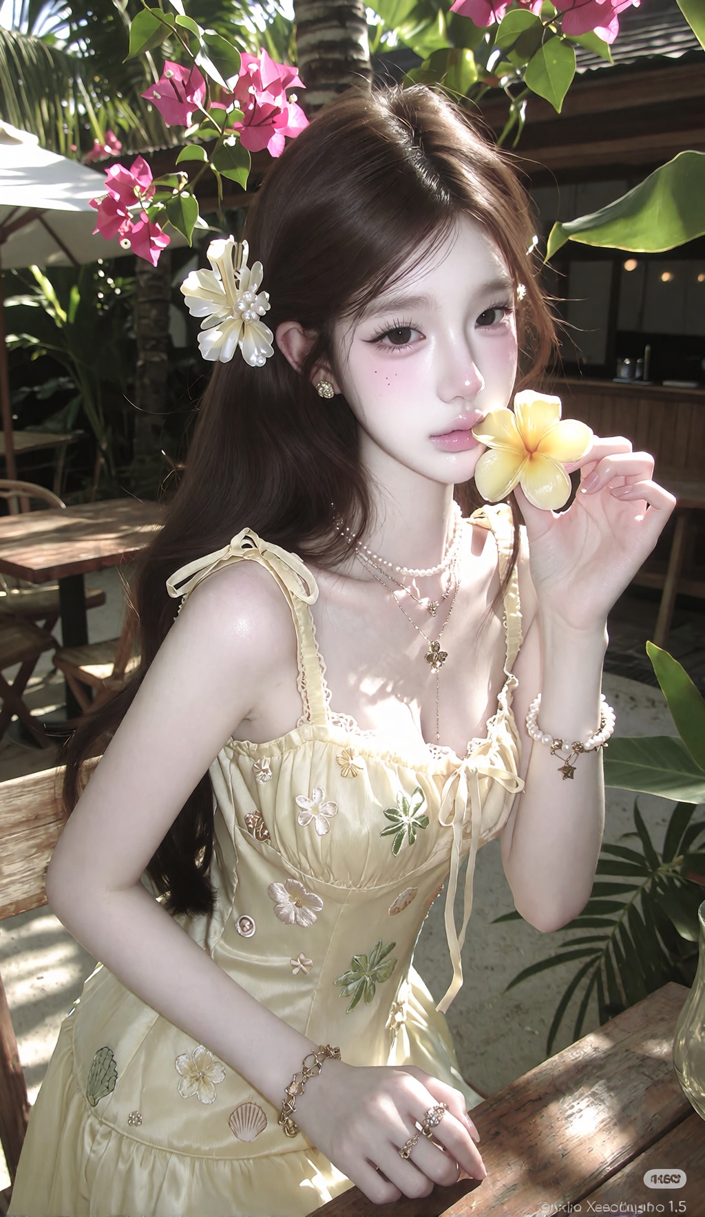 character: young woman with long warm-brown hair styled in loose natural waves,  a few strands falling around her shoulder...