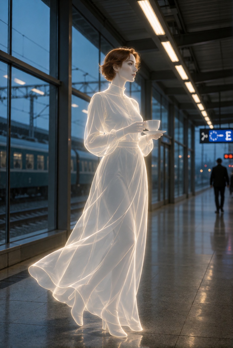 A cinematic live-action-style image of an ***** woman with short auburn hair wearing a long-sleeved flowing dress and hold...