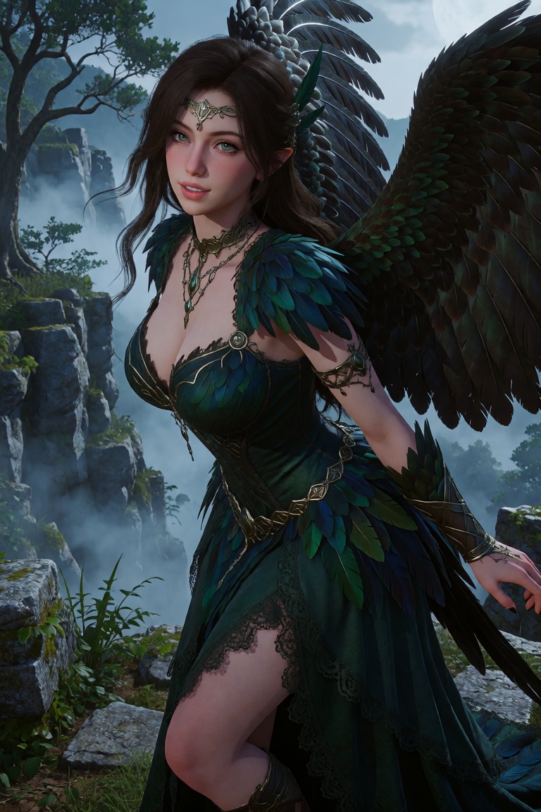 A render of Lorelei,  an alluring young ***** Siren transformed into a powerful harpy,  framed from above the knees upward...