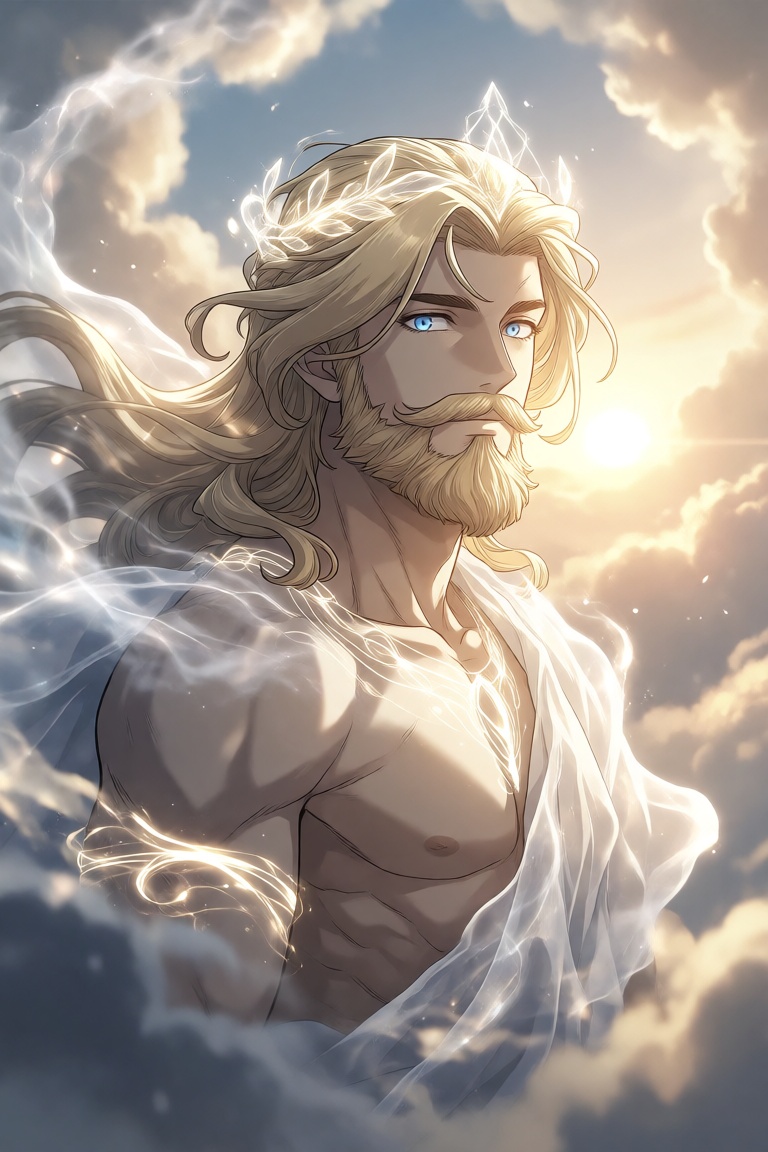 A manhwa illustration featuring an awesome god floating within a luminous sea of clouds at sunrise,  framed as a close-up...