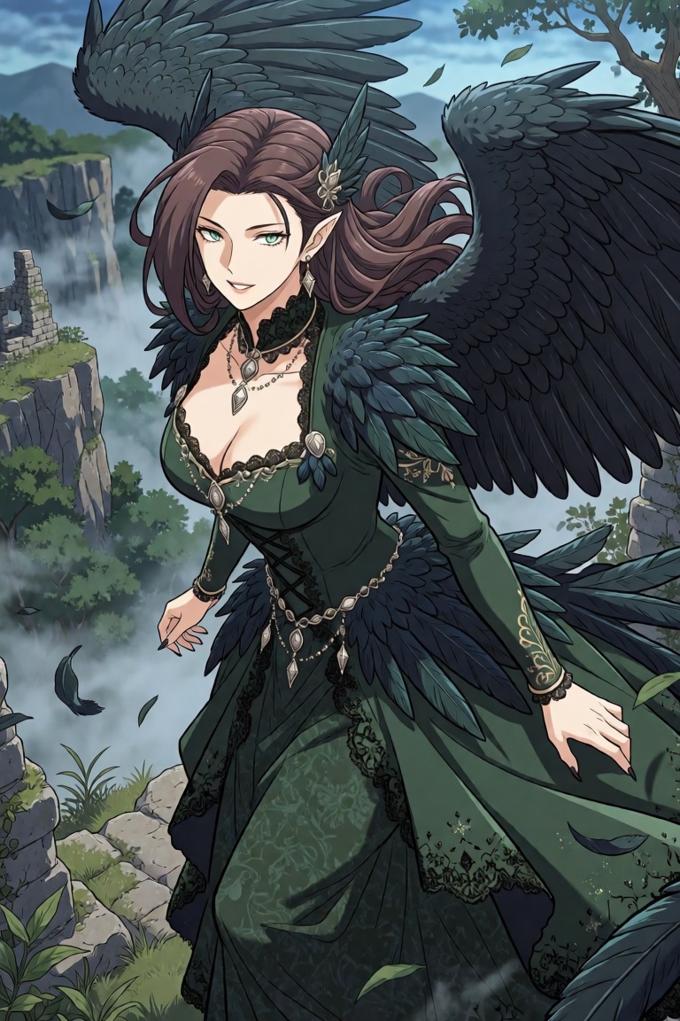 A manhwa illustration of Lorelei,  an alluring young ***** Siren transformed into a powerful harpy,  framed from above the...