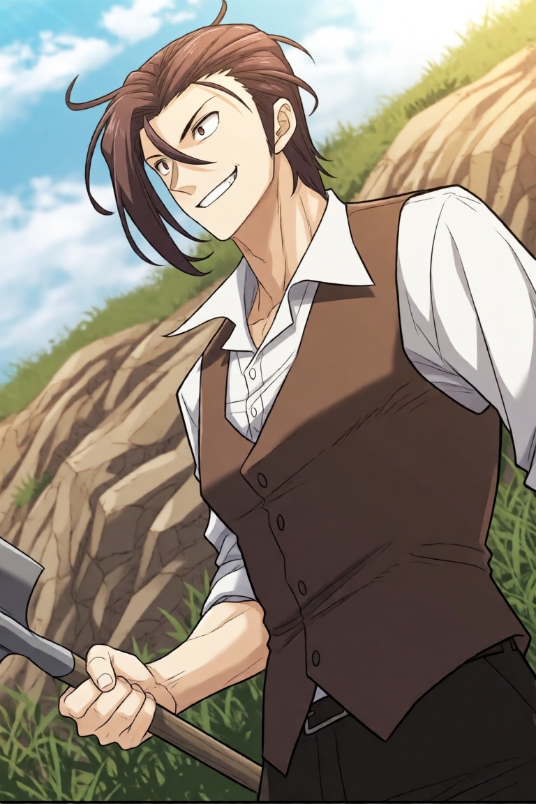 Create a manhwa-style illustration focusing on a confident,  lone male character in a cowboy shot. He has brown hair and b...