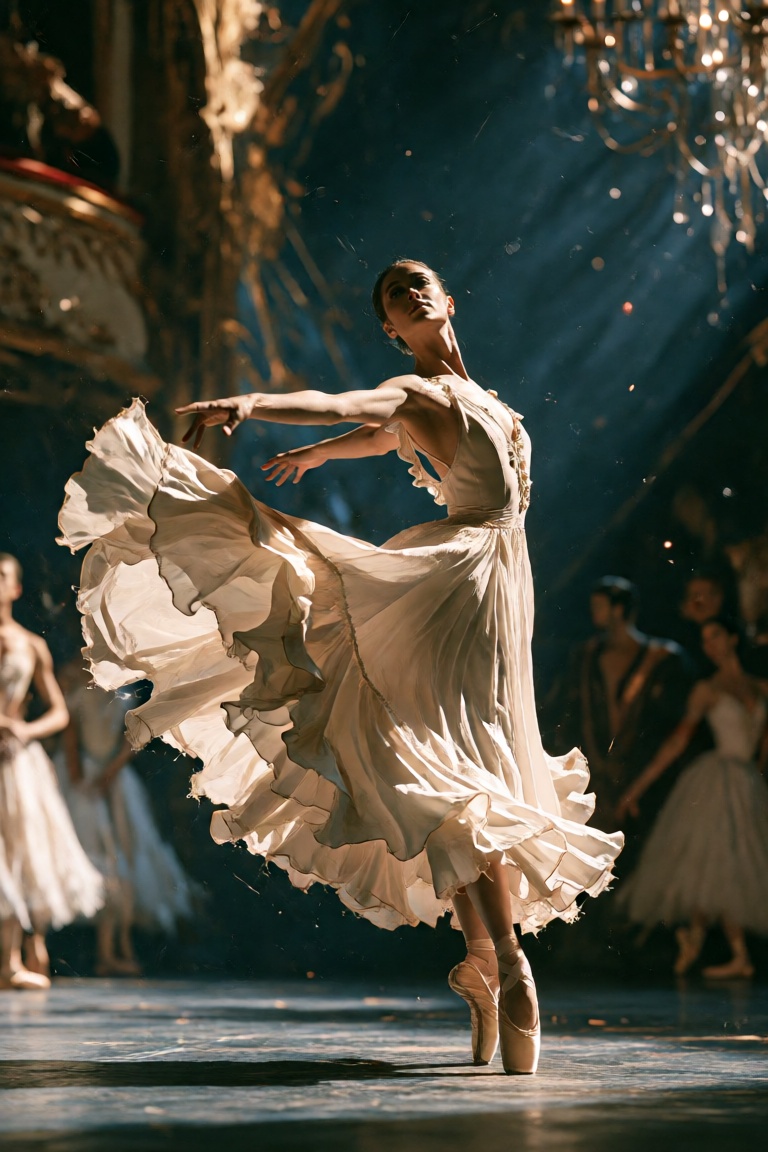 A cinematic scene featuring a woman in the role of a ballerina,  standing with a dynamic pose that captures the fluidity a...
