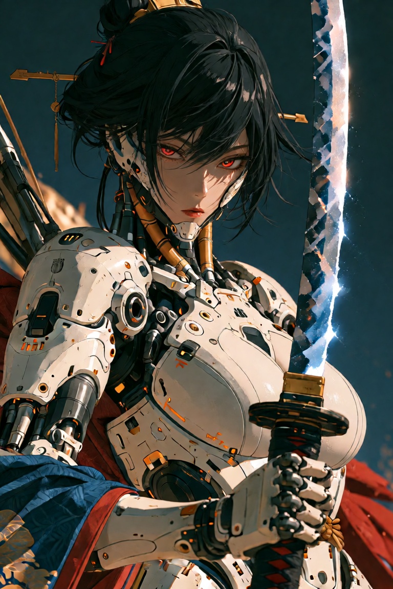 striking image of a woman who is part-cyborg,  featuring big breasts and red eyes,  looking directly at the viewer with an...