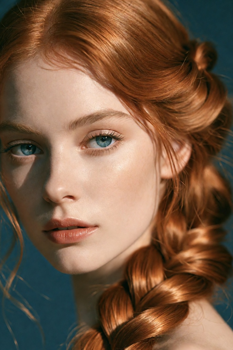 A close-up image of a woman with detailed facial features. Emphasize her striking blue eyes and fair skin. Depict her long...