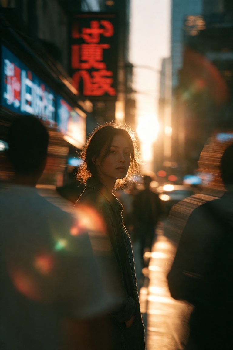 A photorealistic image of a woman in street photography style,  looking directly at the viewer as the sun sets. Incorporat...