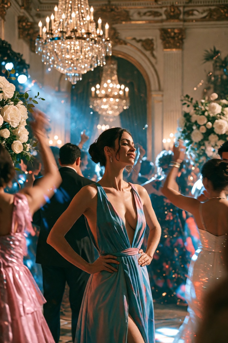 A woman stands confidently in a dress with deep cleavage,  exuding elegance and grace. The background is an indoor ballroo...