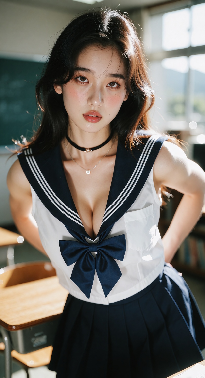 A photorealistic cinematic close shot of one ***** East Asian woman standing in a bright modern classroom,  looking at the...