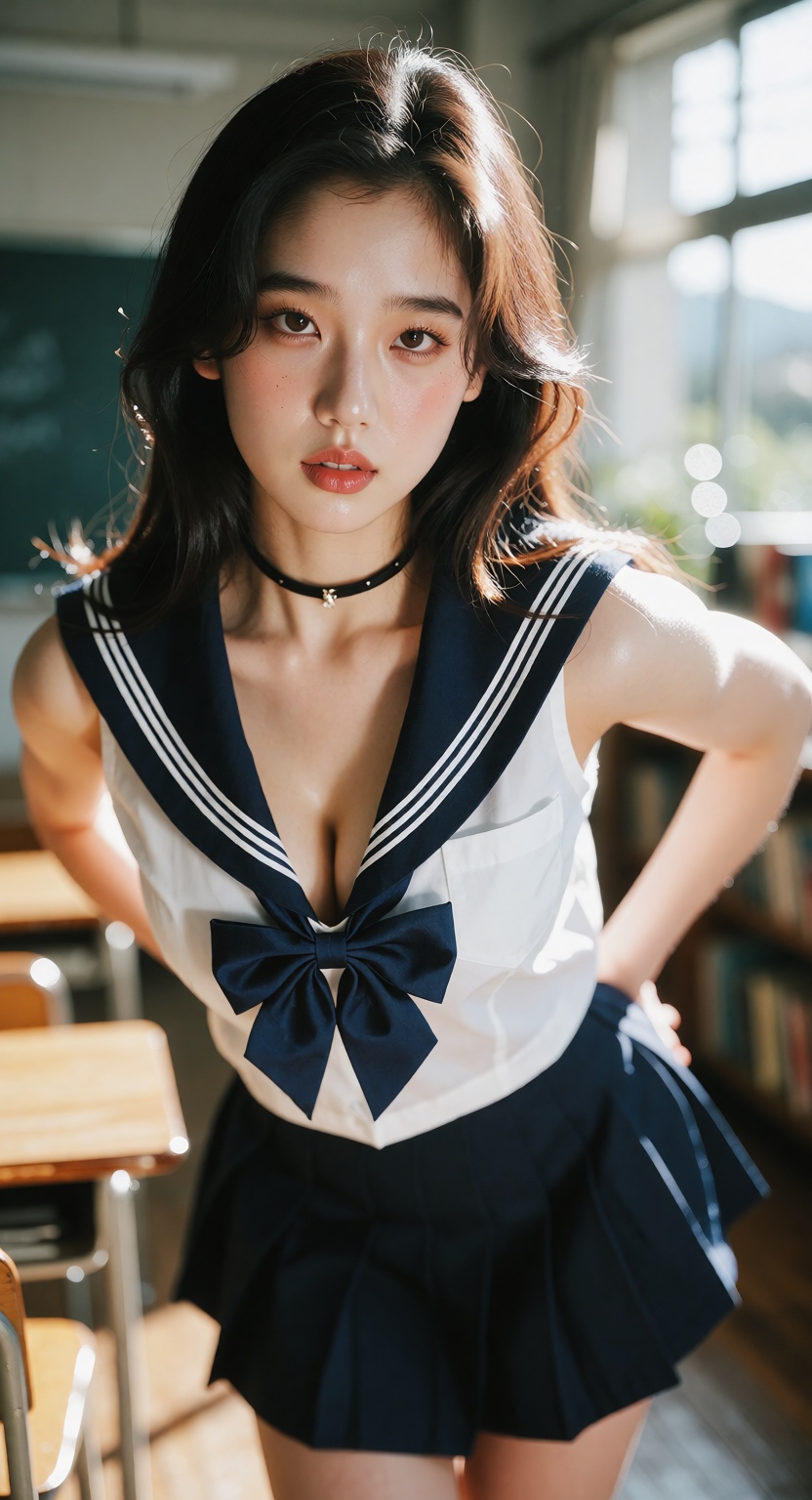 A photorealistic cinematic close shot of one ***** East Asian woman standing in a bright modern classroom,  looking at the...