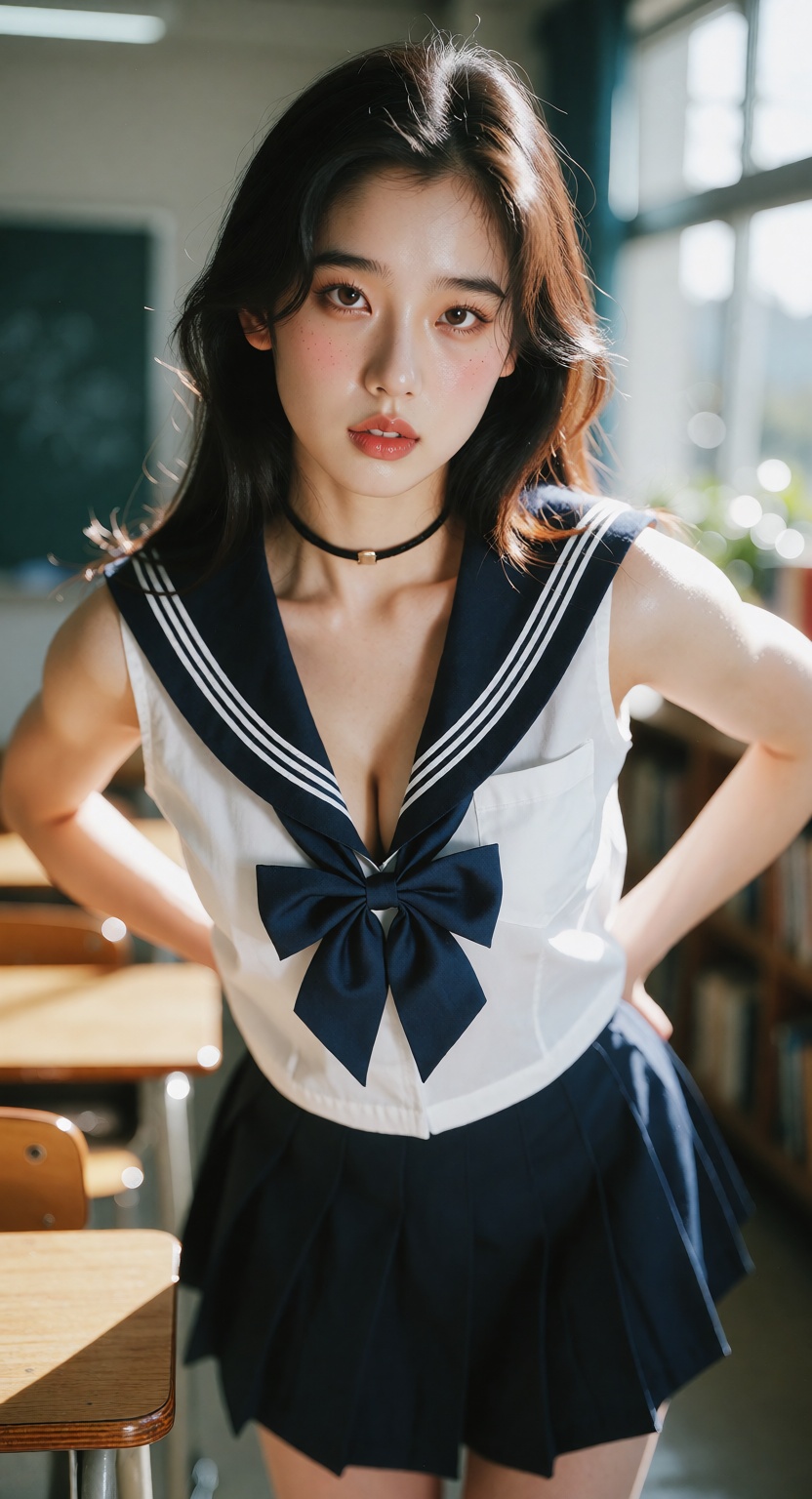 A photorealistic cinematic close shot of one ***** East Asian woman standing in a bright modern classroom,  looking at the...