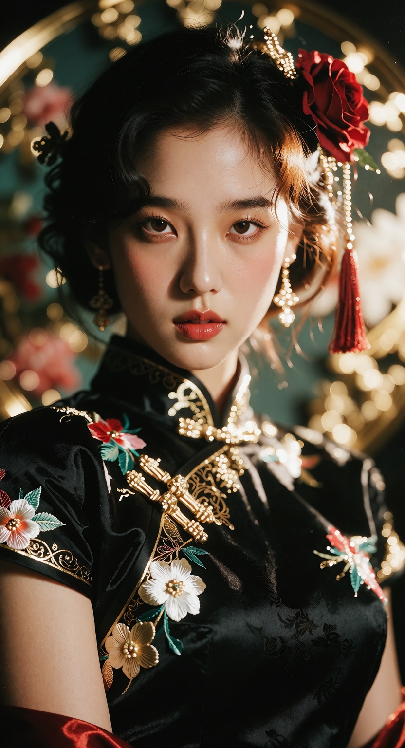 Elegant and glamorous portrait of a beautiful young woman with a delicate face,  large expressive eyes,  and short on Tens...