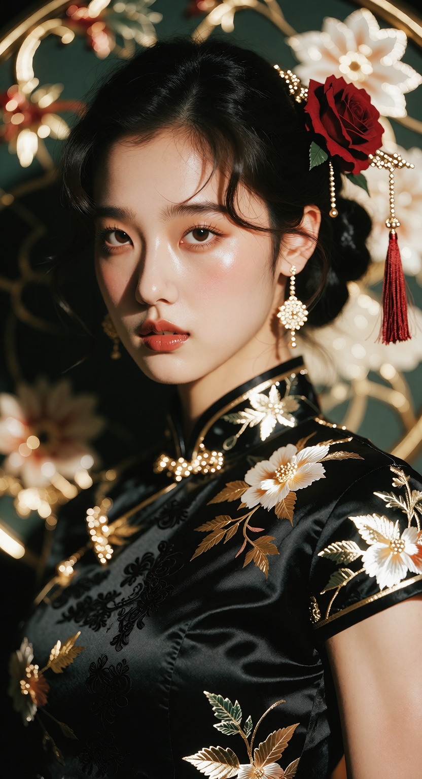 Elegant and glamorous portrait of a beautiful young woman with a delicate face,  large expressive eyes,  and short on Tens...