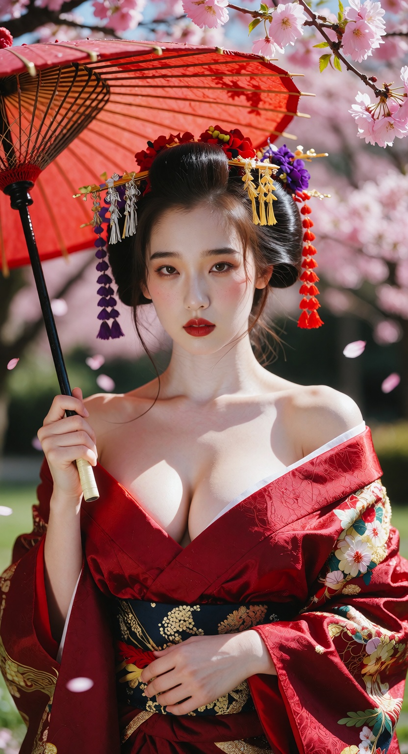 Photorealistic half-body portrait of a beautiful Japanese geisha standing under blooming pink cherry blossom trees in dayt...