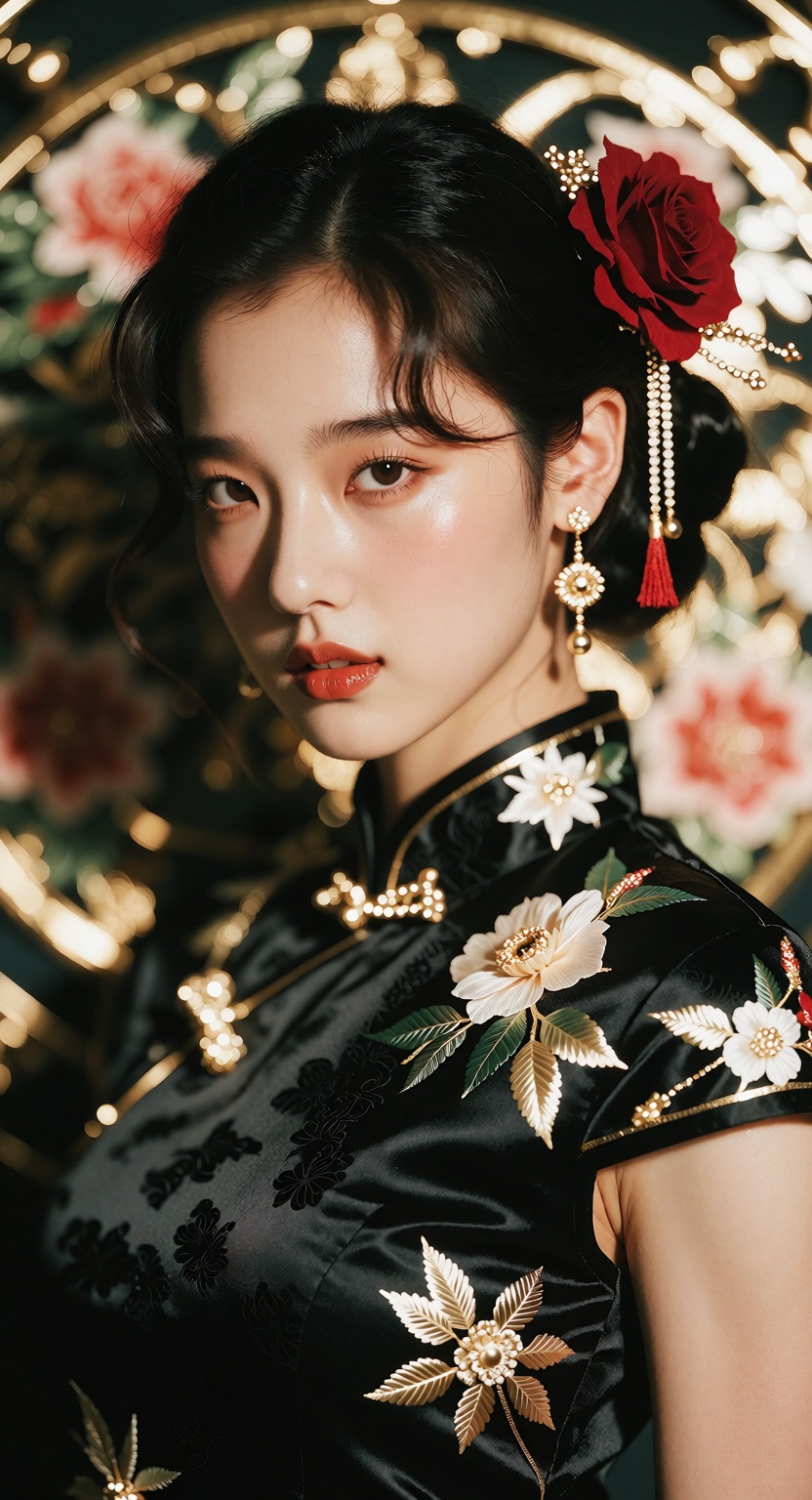 Elegant and glamorous portrait of a beautiful young woman with a delicate face,  large expressive eyes,  and short on Tens...