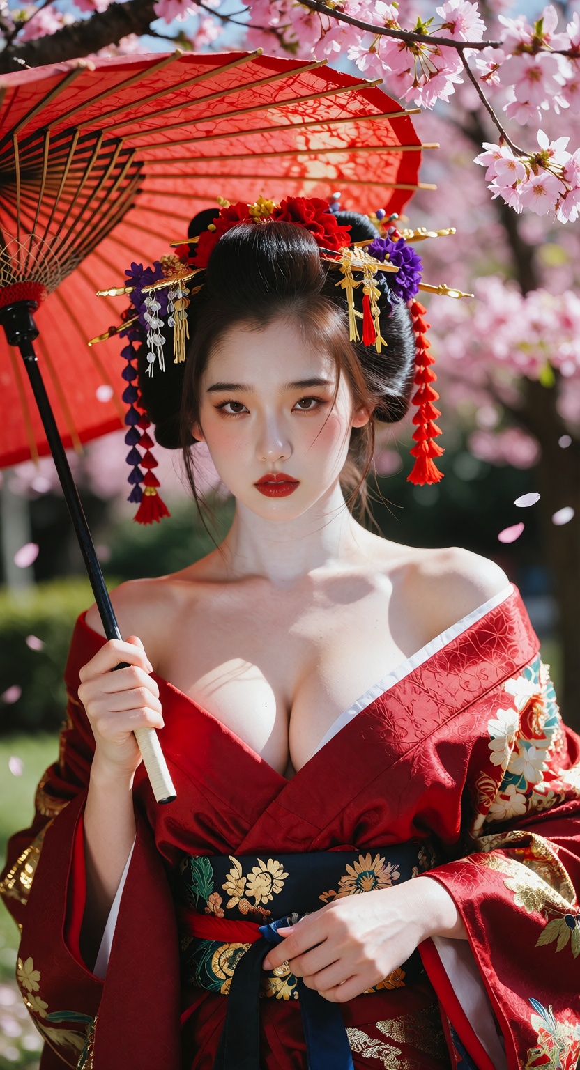 Photorealistic half-body portrait of a beautiful Japanese geisha standing under blooming pink cherry blossom trees in dayt...