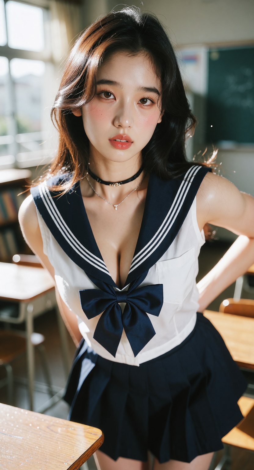 A photorealistic cinematic close shot of one ***** East Asian woman standing in a bright modern classroom,  looking at the...
