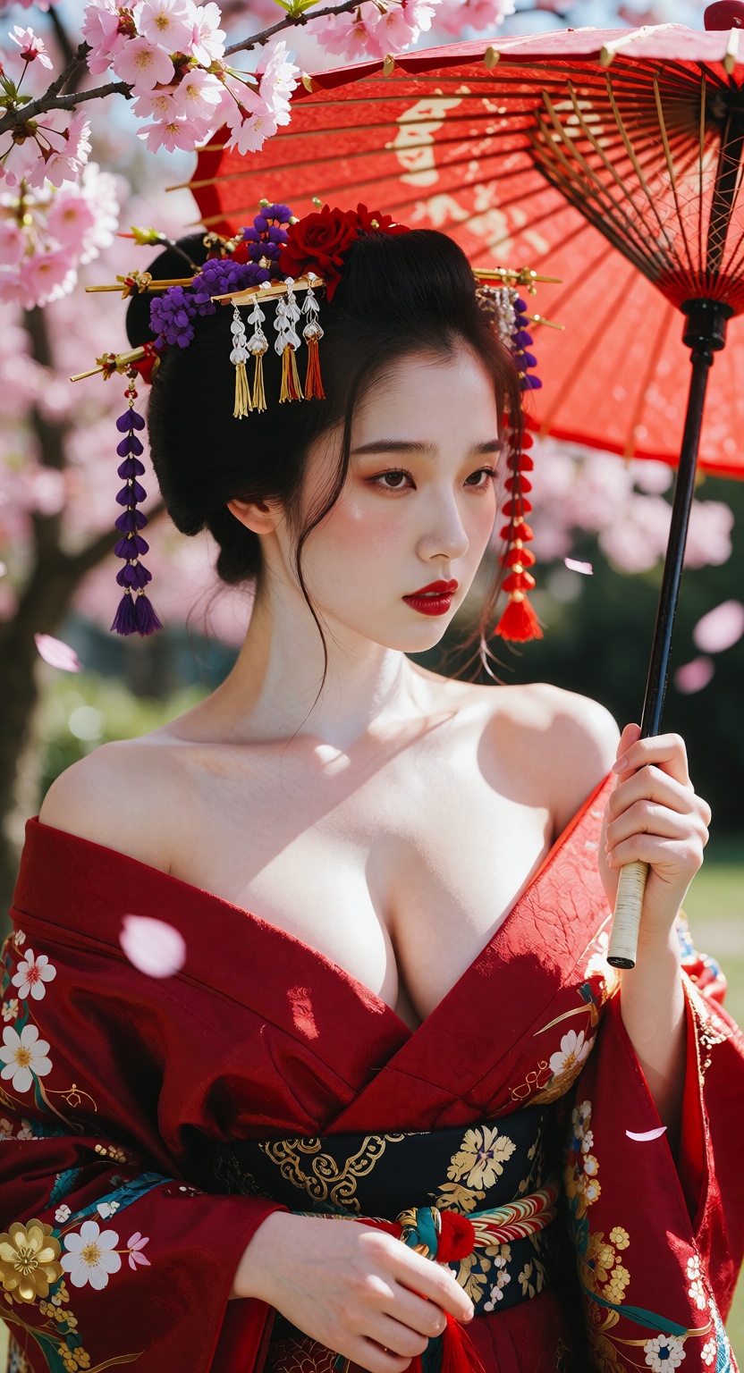 Photorealistic half-body portrait of a beautiful Japanese geisha standing under blooming pink cherry blossom trees in dayt...