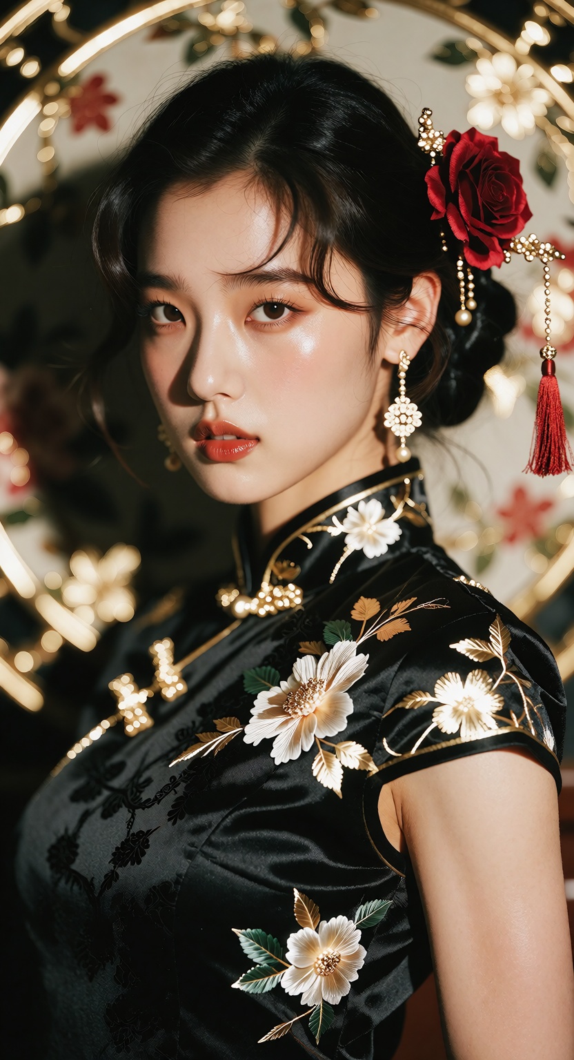 Elegant and glamorous portrait of a beautiful young woman with a delicate face,  large expressive eyes,  and short on Tens...