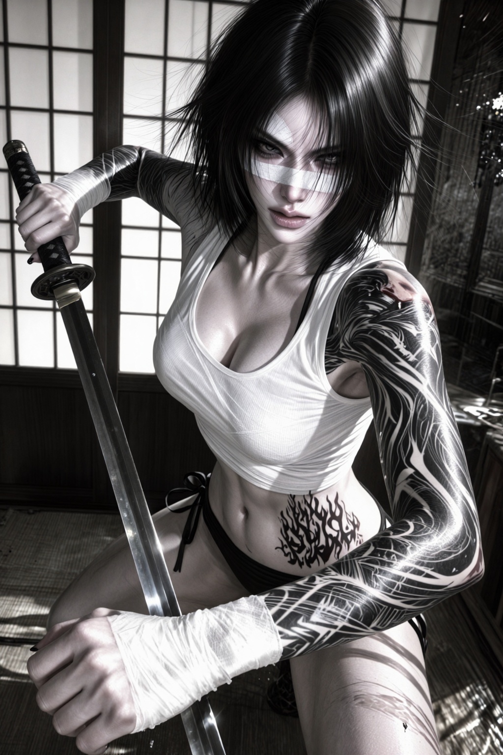 (((A beautiful woman with a fierce expression))),  Fierce battle effects,  excellent and aggressive facial expressions on...