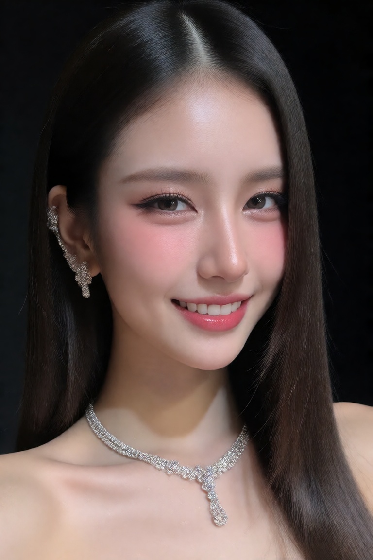 1girl solo long hair looking at viewer smile black hair jewelry earrings lips portrait realistic on Tensor.Art