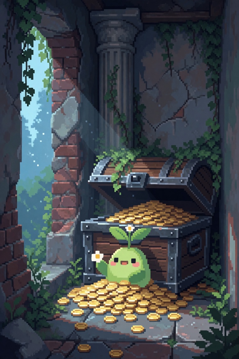p1x3lr,  Eye-level view from the front of a narrow ruined hallway with crumbling brick walls and hanging vines,  a large d...