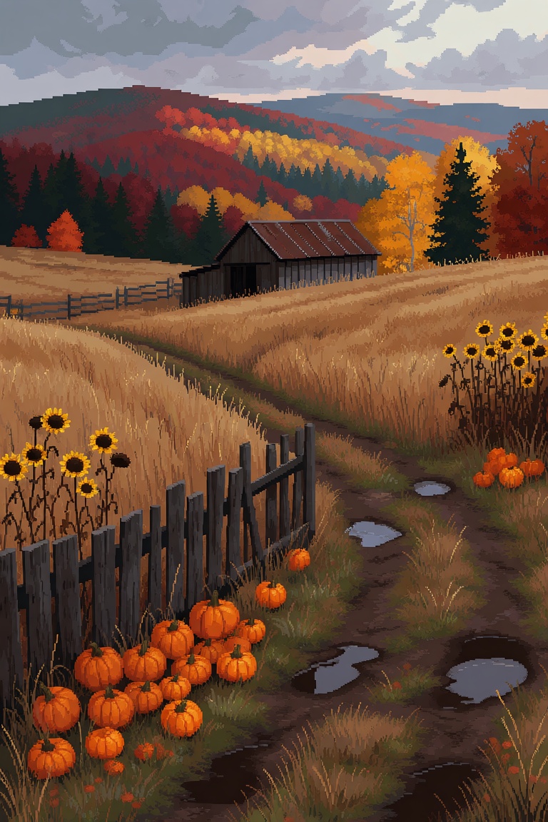 p1x3lr,  Bird's-eye view of an open autumn meadow with dry golden grass and clusters of small orange pumpkins and dried su...